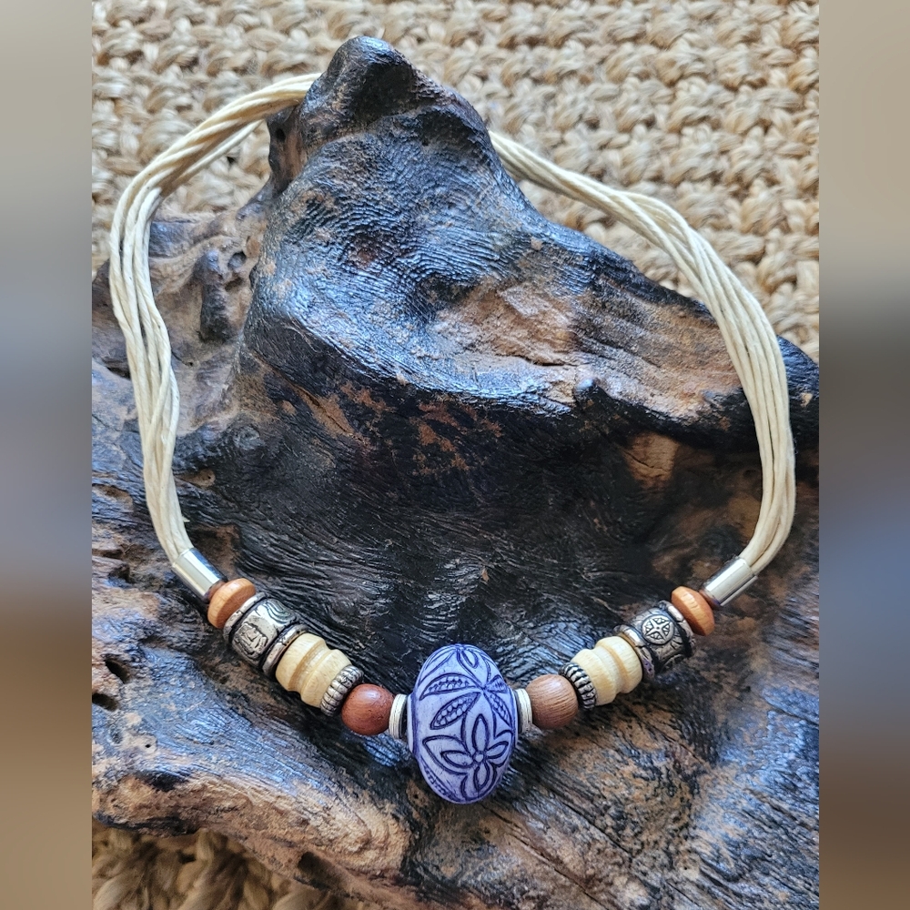 Natural Material Multi-Strand Necklace with Mixed Stacked Beads, Wooden, Metal.